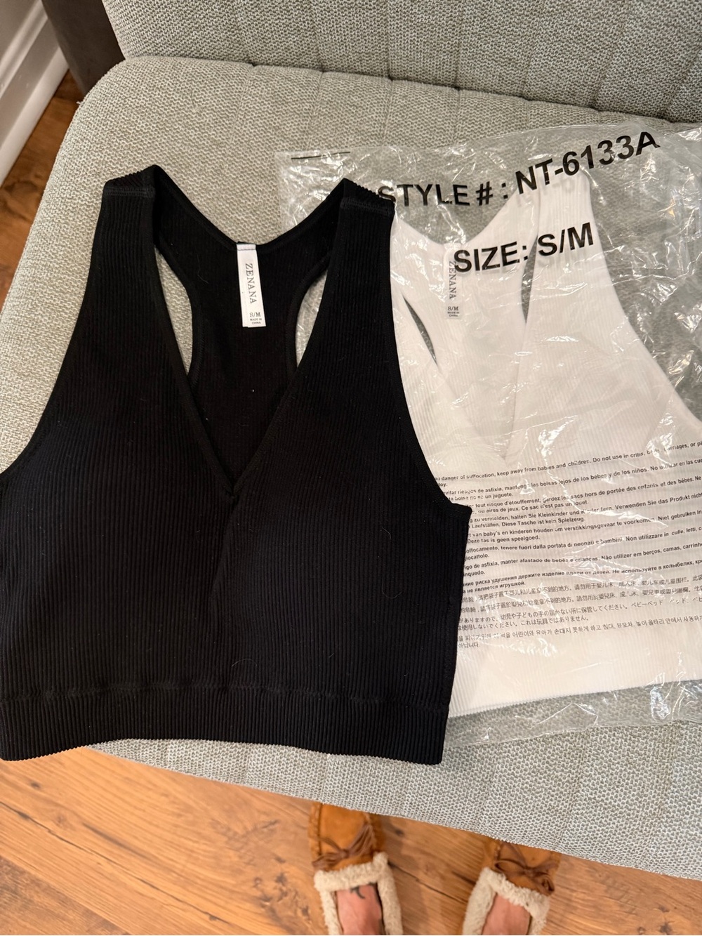 2 pack Zenana Outfitters Black Ribbed V-Neck Racerback Crop Top padded